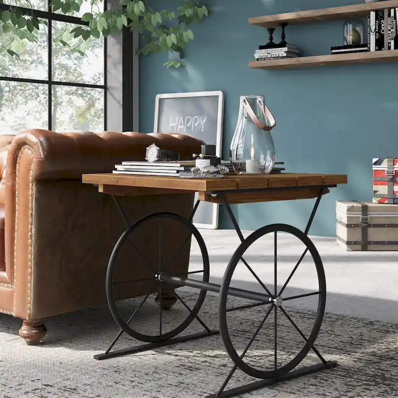 Table d'appoint en métal industriel avec plateau en bois massif