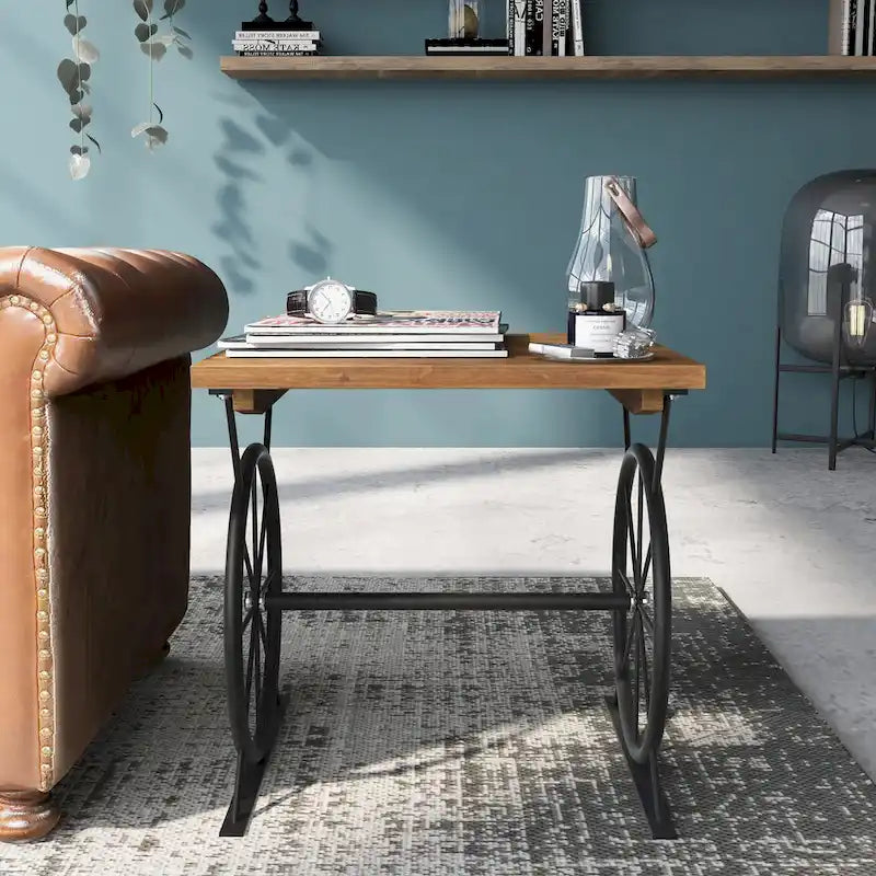 Table d'appoint en métal industriel avec plateau en bois massif