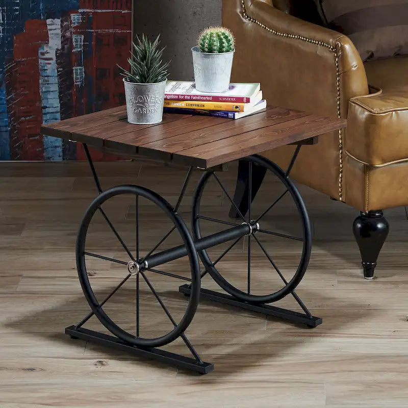 Table d'appoint en métal industriel avec plateau en bois massif