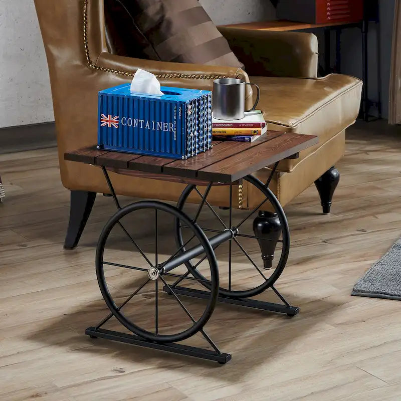 Table d'appoint en métal industriel avec plateau en bois massif