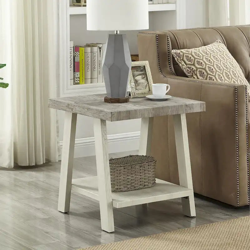 Table d'appoint à 2 niveaux avec pieds en A et étagère de rangement inférieure