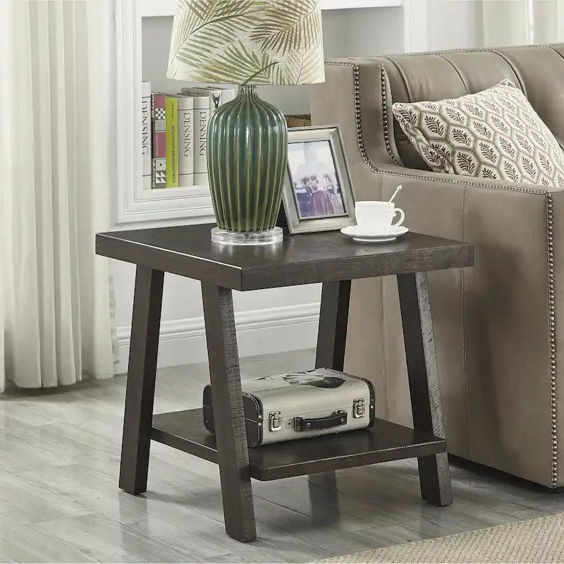Table d'appoint à 2 niveaux avec pieds en A et étagère de rangement inférieure