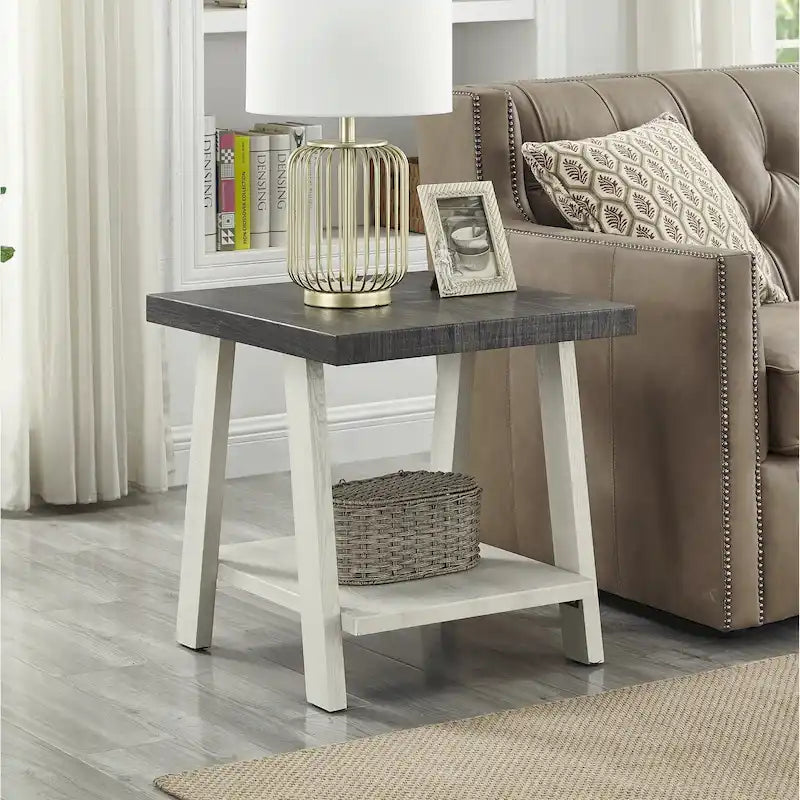 Table d'appoint à 2 niveaux avec pieds en A et étagère de rangement inférieure