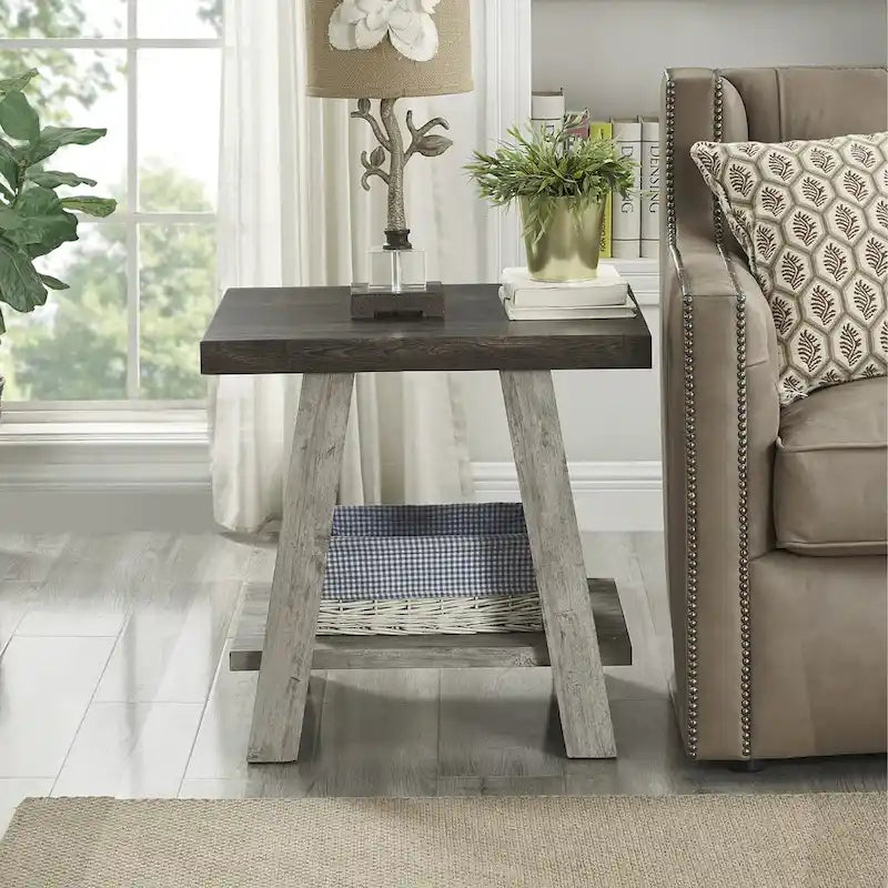 Table d'appoint à 2 niveaux avec pieds en A et étagère de rangement inférieure