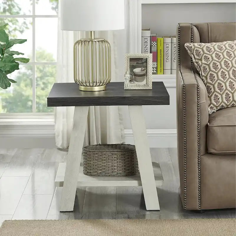 Table d'appoint à 2 niveaux avec pieds en A et étagère de rangement inférieure