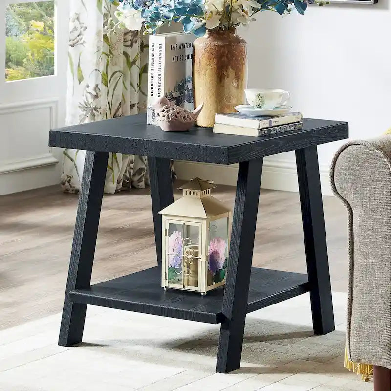 Table d'appoint à 2 niveaux avec pieds en A et étagère de rangement inférieure