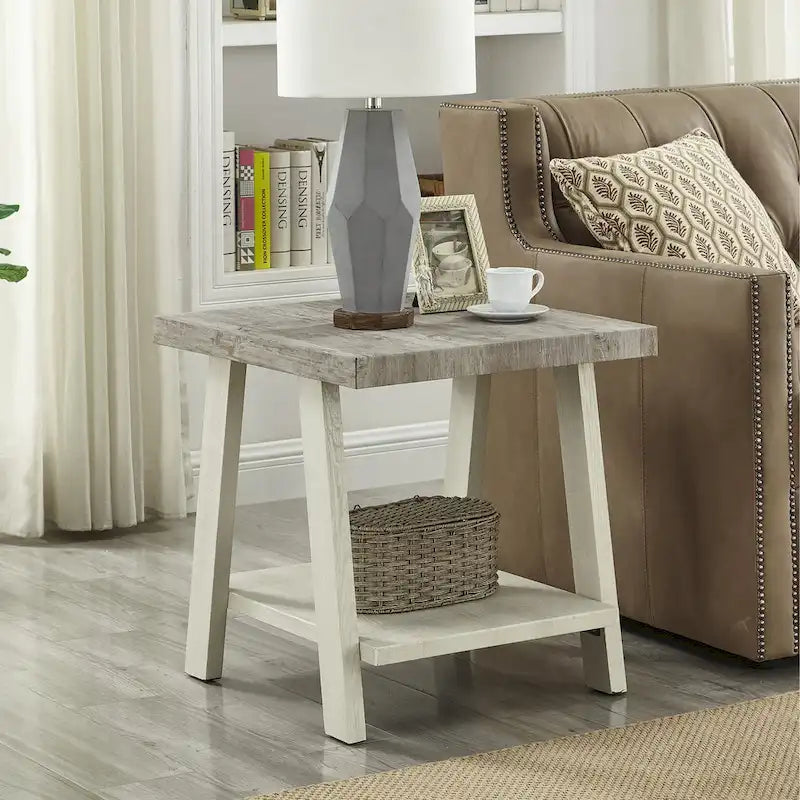 Table d'appoint à 2 niveaux avec pieds en A et étagère de rangement inférieure