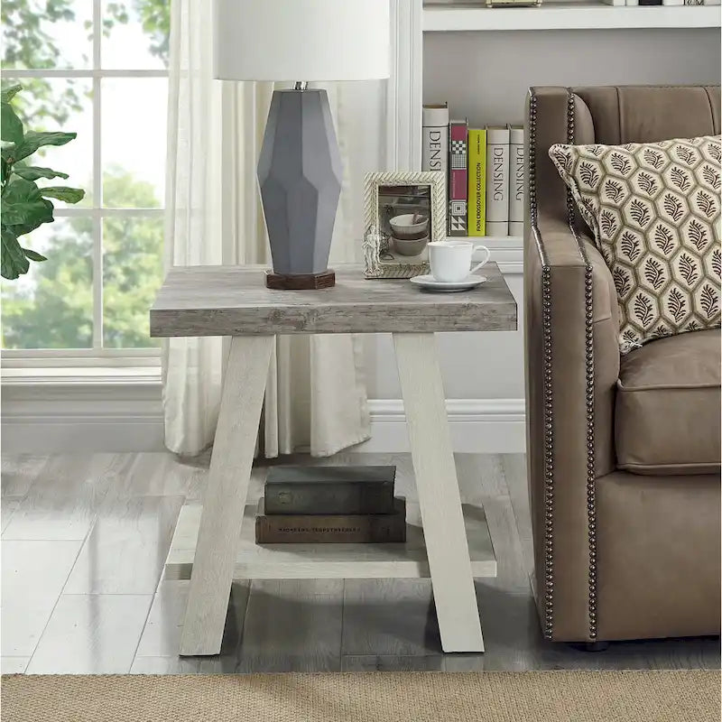 Table d'appoint à 2 niveaux avec pieds en A et étagère de rangement inférieure