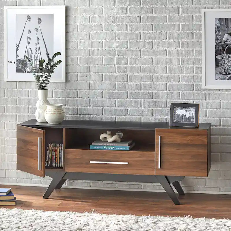 Meuble TV Mid-Century avec placards, étagère et tiroir