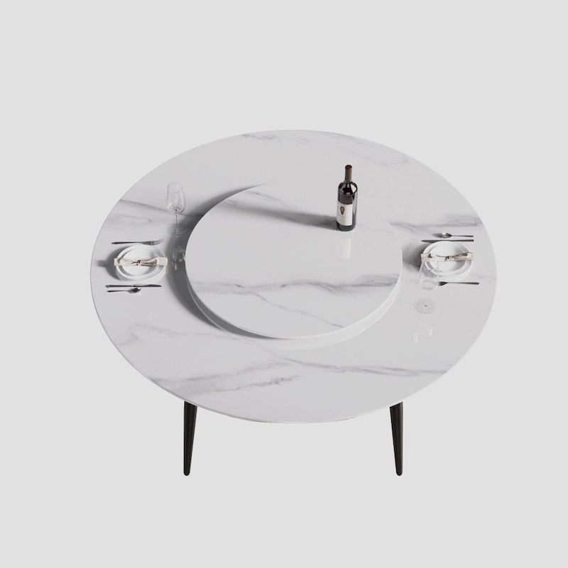 Table à manger ronde en pierre frittée avec plateau tournant et base en acier