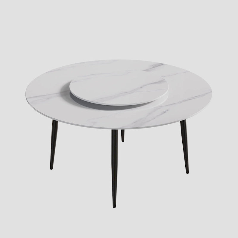 Table à manger ronde en pierre frittée avec plateau tournant et base en acier