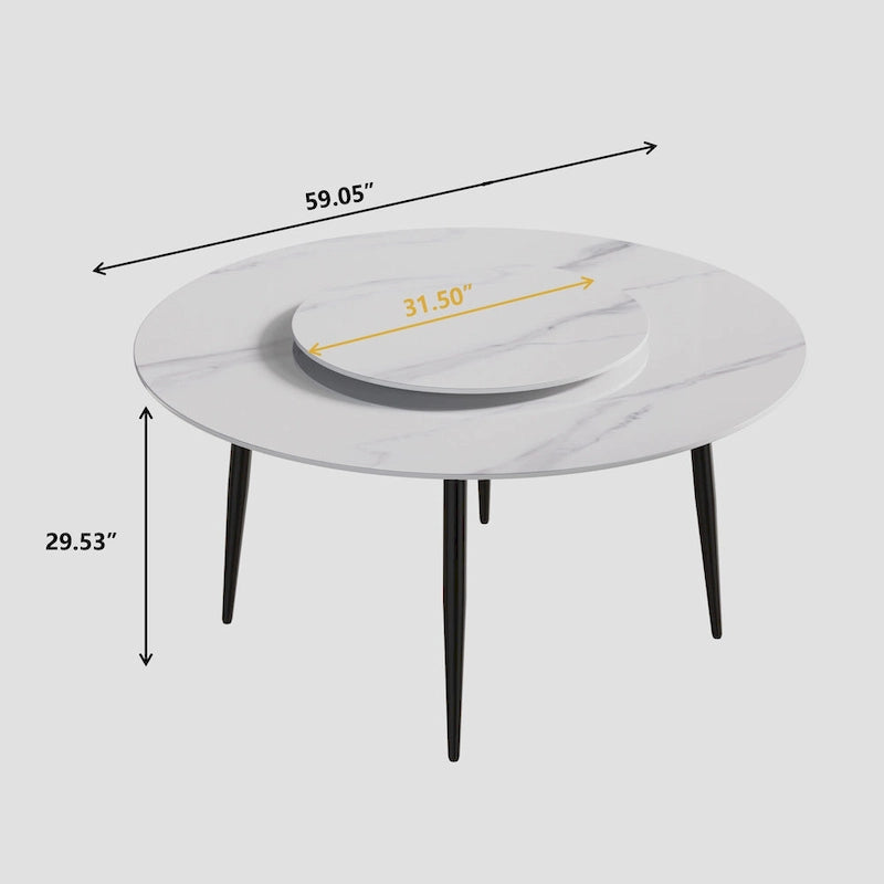 Table à manger ronde en pierre frittée avec plateau tournant et base en acier