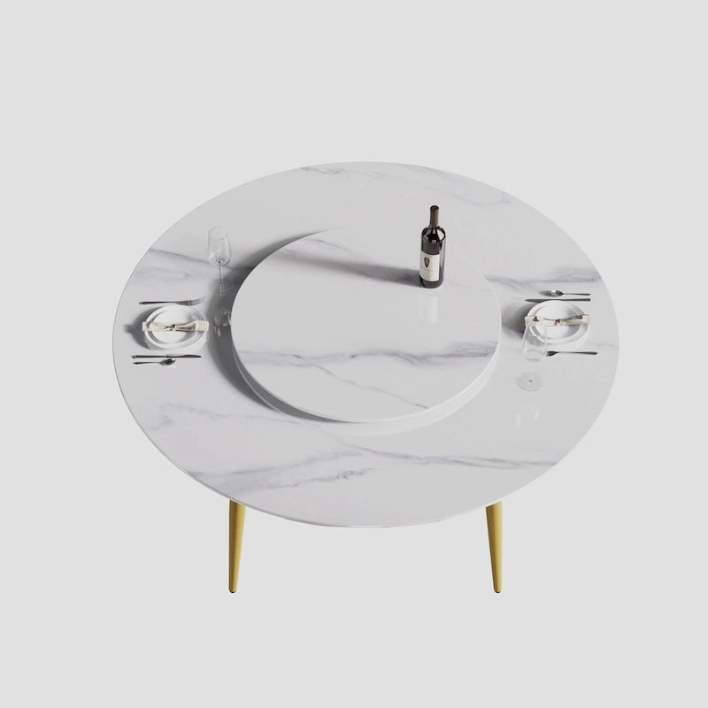Table à manger ronde en pierre frittée avec plateau tournant et base en acier
