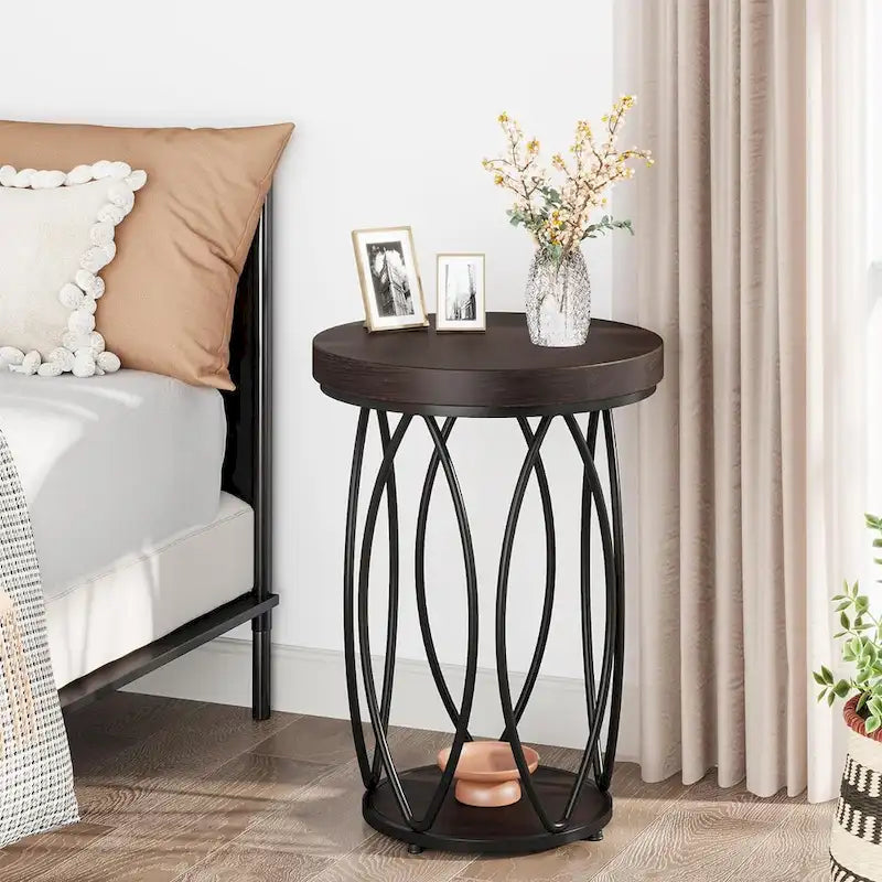 Table d'appoint ronde avec cadre en métal et plateau en bois