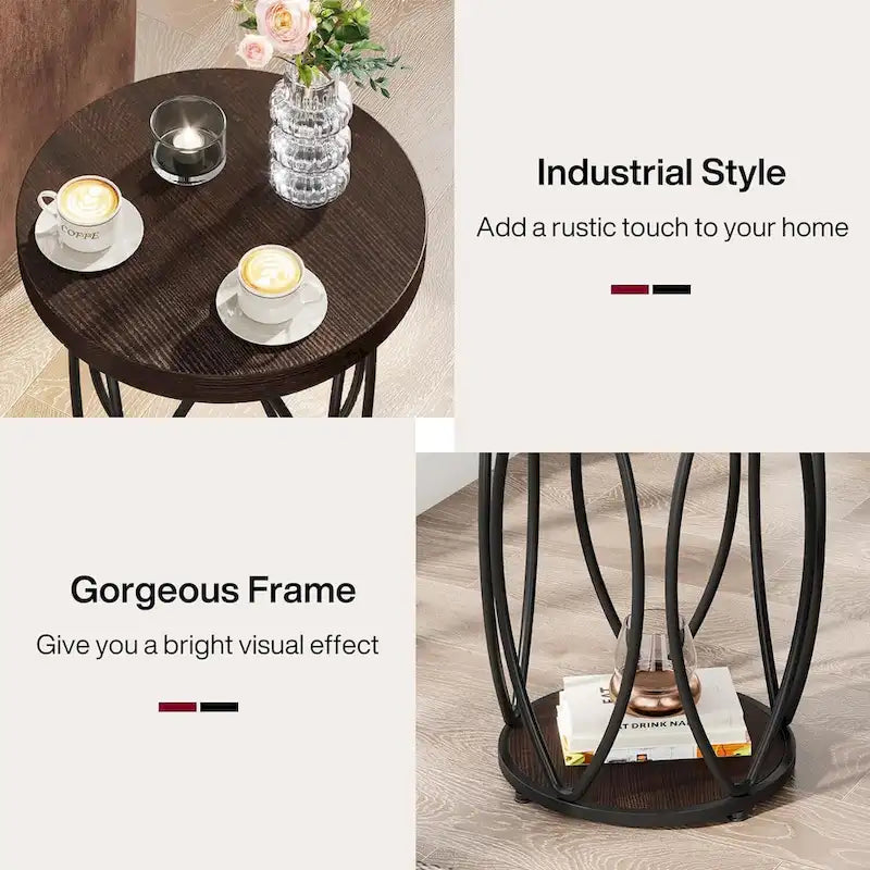 Table d'appoint ronde avec cadre en métal et plateau en bois