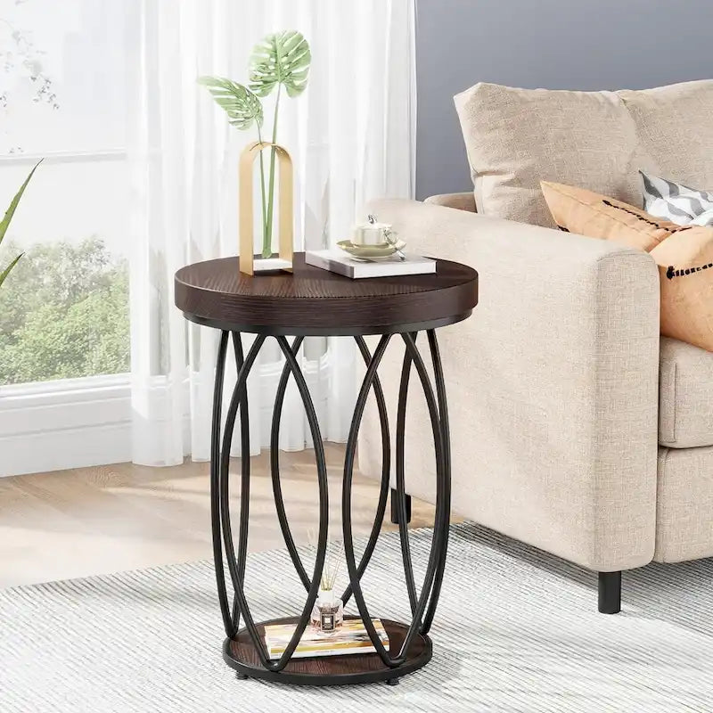 Table d'appoint ronde avec cadre en métal et plateau en bois
