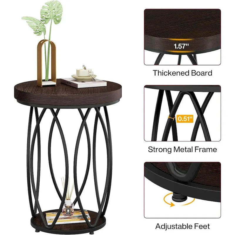 Table d'appoint ronde avec cadre en métal et plateau en bois