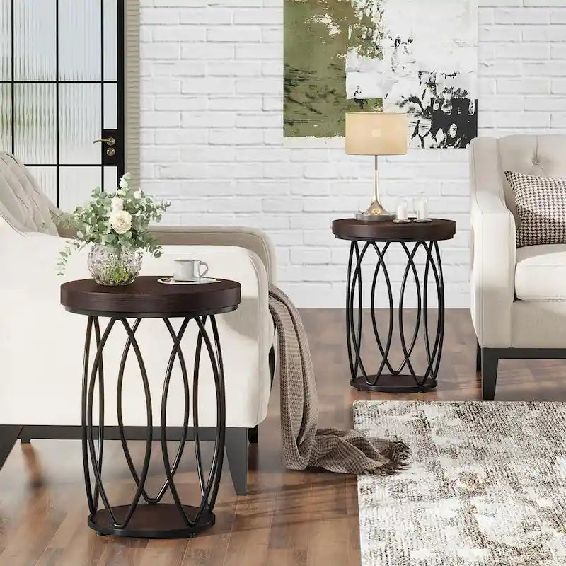 Table d'appoint ronde avec cadre en métal et plateau en bois