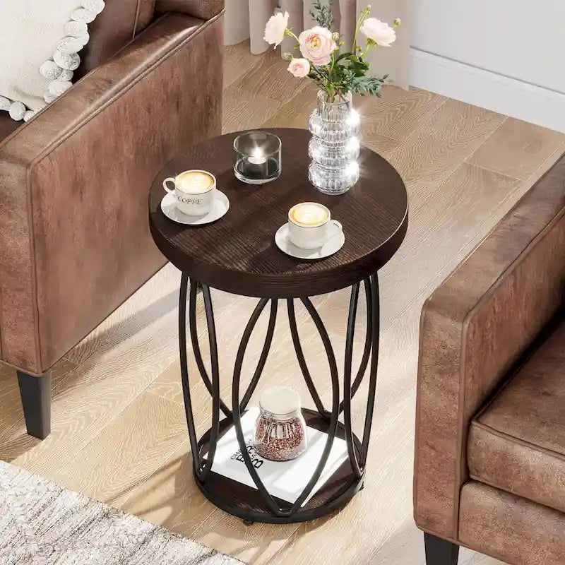 Table d'appoint ronde avec cadre en métal et plateau en bois
