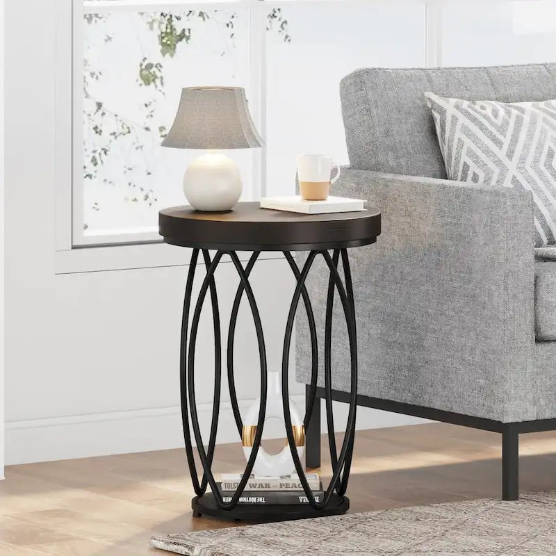 Table d'appoint ronde avec cadre en métal et plateau en bois