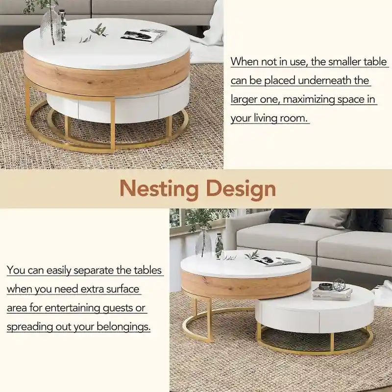 Tables basses gigognes rondes modernes relevables avec tiroirs de rangement