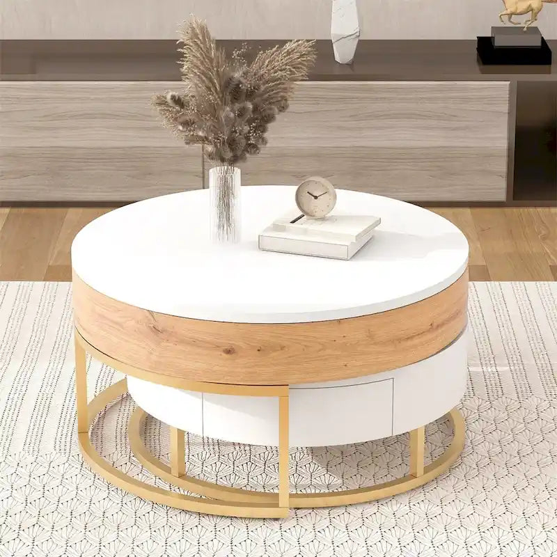 Tables basses gigognes rondes modernes relevables avec tiroirs de rangement