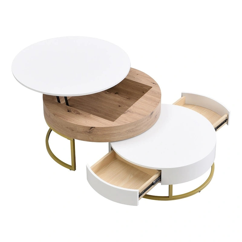 Tables basses gigognes rondes modernes relevables avec tiroirs de rangement