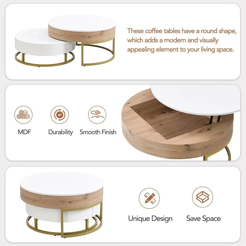 Tables basses gigognes rondes modernes relevables avec tiroirs de rangement