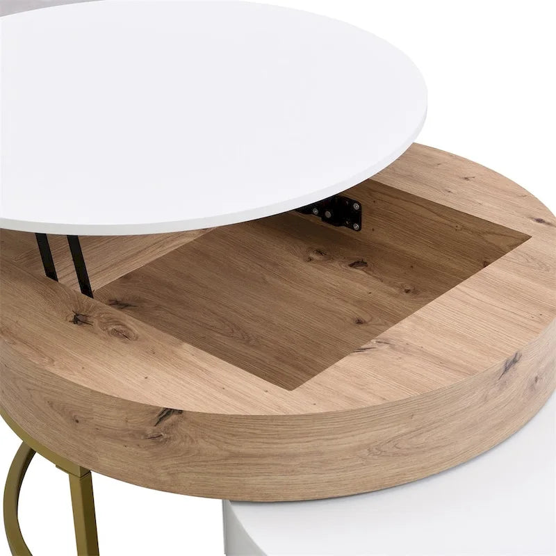 Tables basses gigognes rondes modernes relevables avec tiroirs de rangement