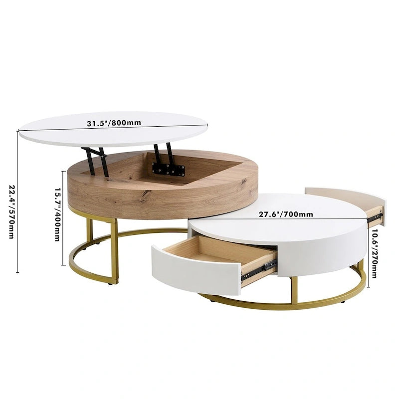 Tables basses gigognes rondes modernes relevables avec tiroirs de rangement
