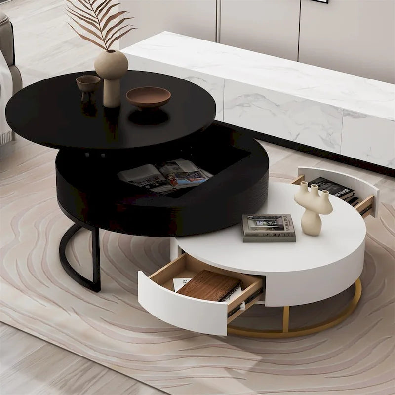 Tables basses gigognes rondes modernes relevables avec tiroirs de rangement