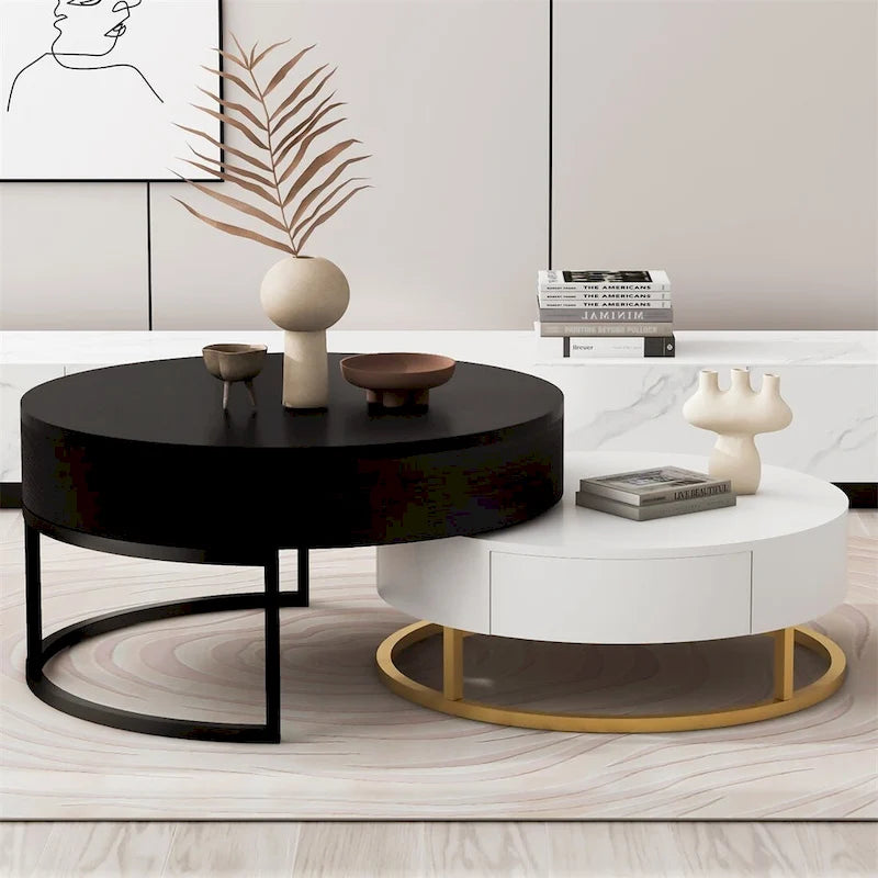 Tables basses gigognes rondes modernes relevables avec tiroirs de rangement