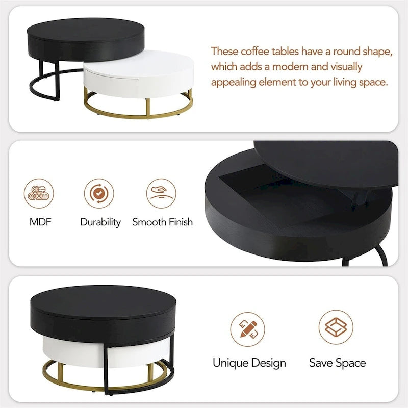 Tables basses gigognes rondes modernes relevables avec tiroirs de rangement