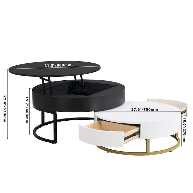 Tables basses gigognes rondes modernes relevables avec tiroirs de rangement