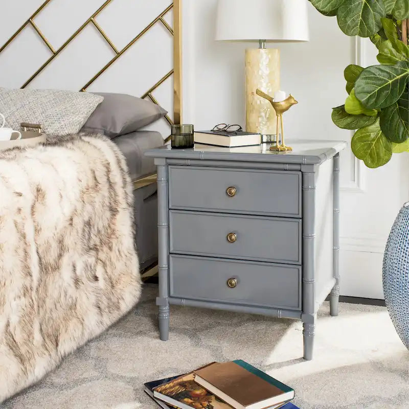 SAFAVIEH Jasmyne Modern Coastal 3-Drawer Navy Bamboo Nightstand