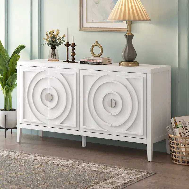 Buffet rétro 4 portes avec panneaux en relief cercles concentriques et étagères réglables