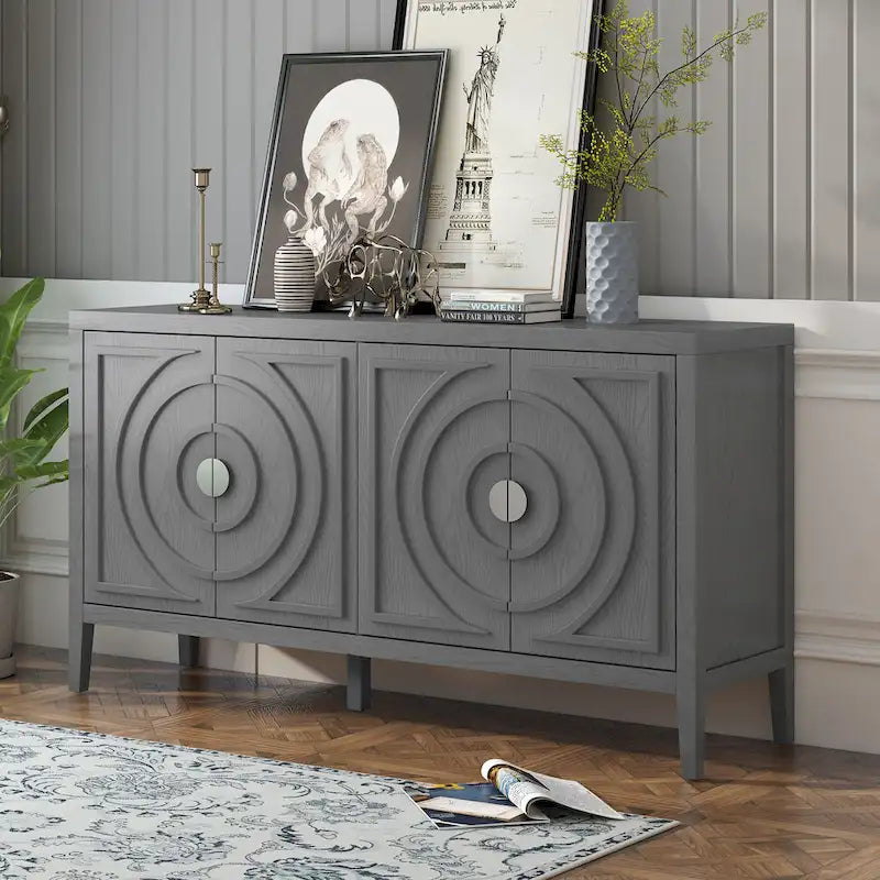 Buffet rétro 4 portes avec panneaux en relief cercles concentriques et étagères réglables