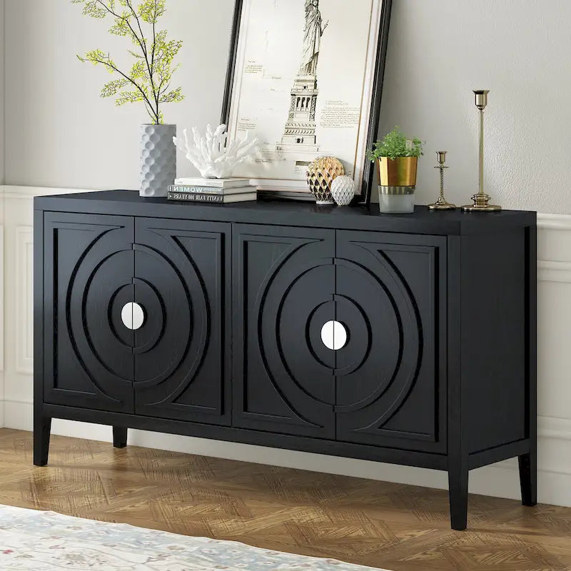 Buffet rétro 4 portes avec panneaux en relief cercles concentriques et étagères réglables
