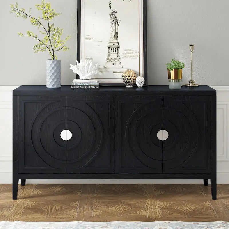 Buffet rétro 4 portes avec panneaux en relief cercles concentriques et étagères réglables