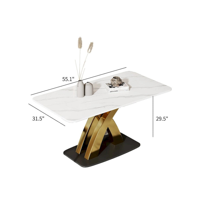 Table à manger rectangulaire avec plateau en pierre sintérisée et piètement en X doré