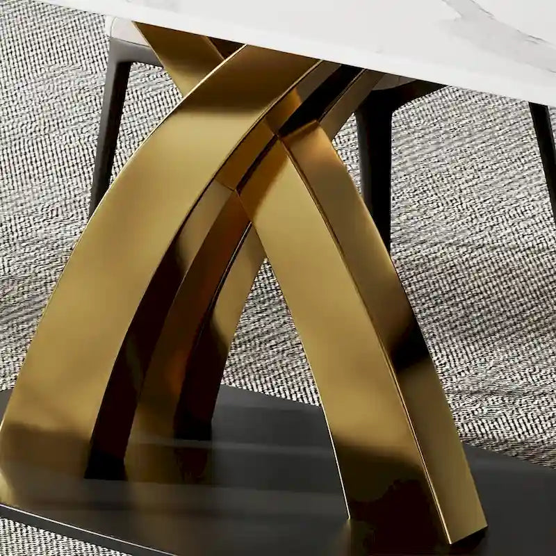 Table à manger rectangulaire avec plateau en pierre sintérisée et piètement en X doré