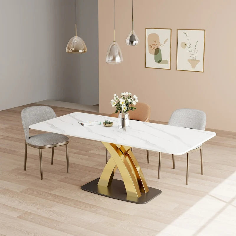 Table à manger rectangulaire avec plateau en pierre sintérisée et piètement en X doré