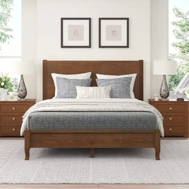 LUE BONA Solid Wood Panel Platform Bed with Headboard, Double Size Beds Wooden Rustic Bed Frame Bedroom Furniture