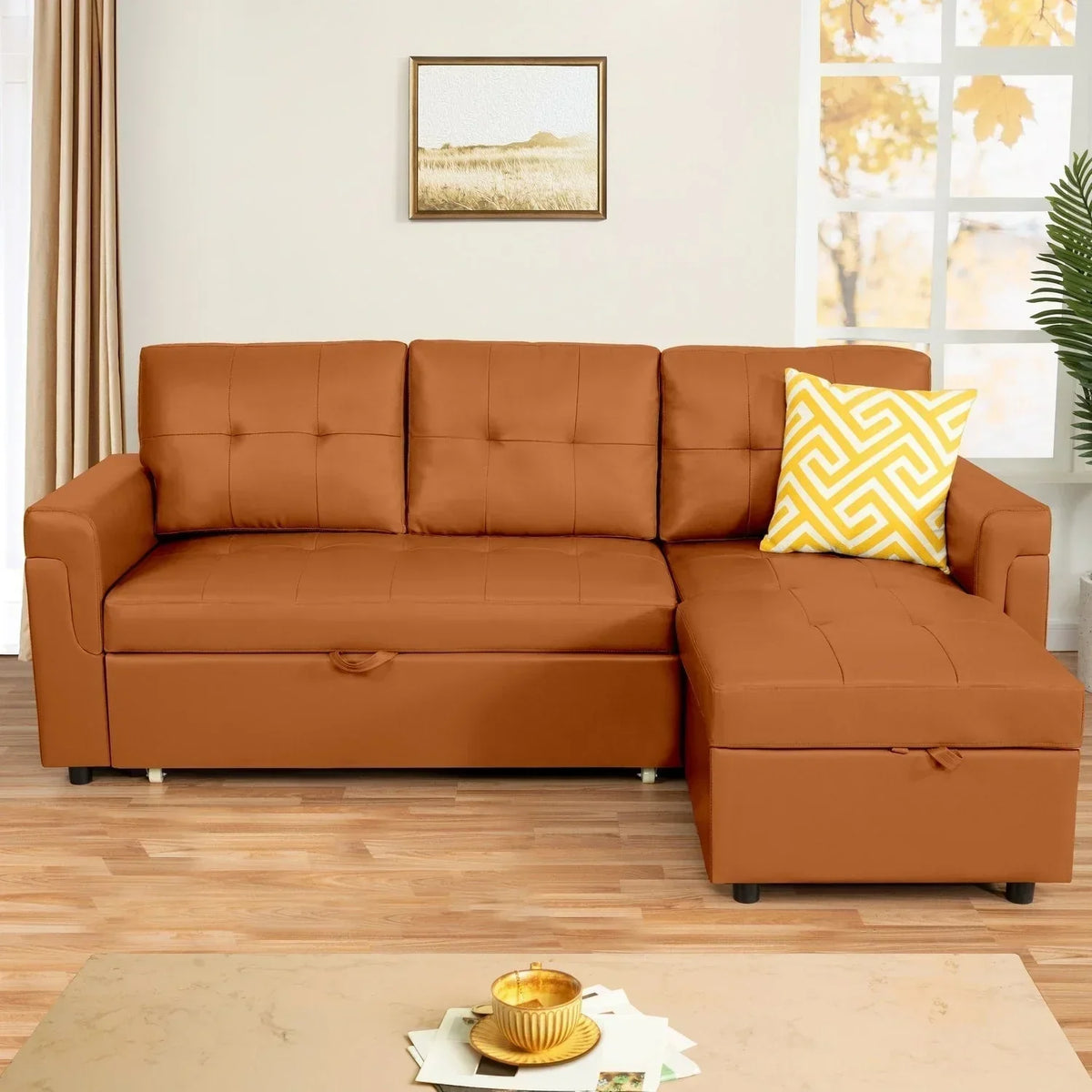 Convertible Reversible Sectional Sofa with Pull-Out Sleeper Bed, Hidden Storage Chaise, and Durable Legs