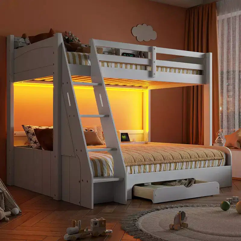 Twin over Full Bunk Bed with Storage, LED Lights & Charging Station, Wood Bunked Bed Beside Shelves for Kids & Teens