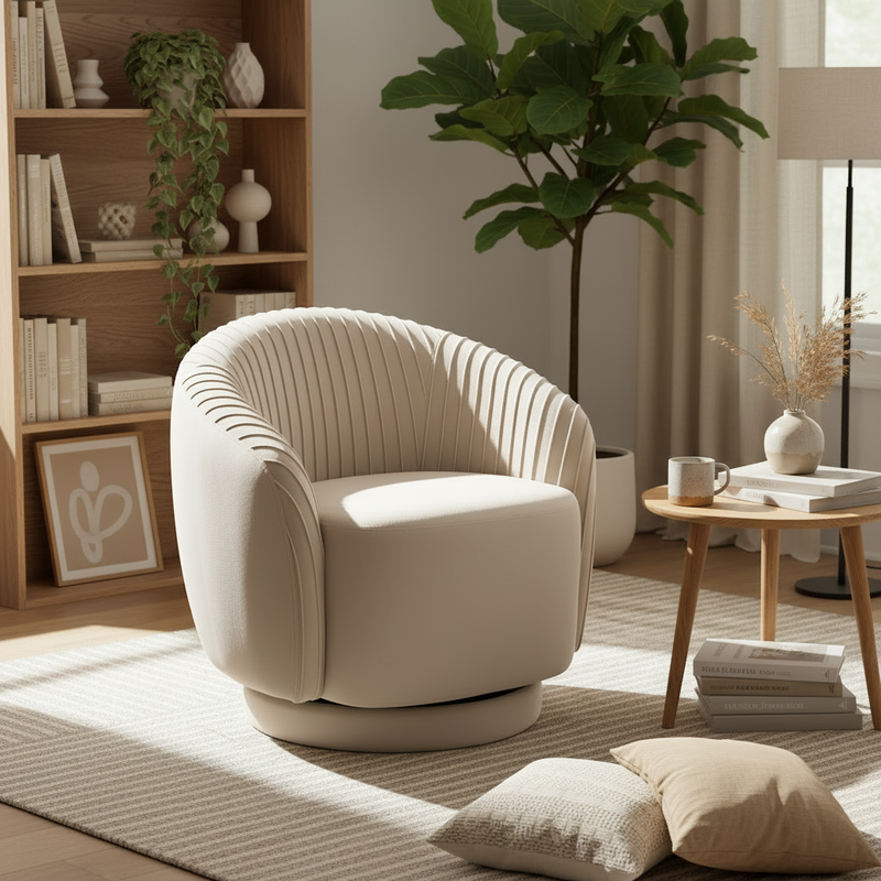 Contemporary Velvet Swivel Barrel Chair - Enriched Interior Scene