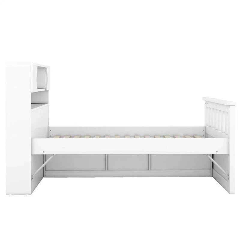 Twin/Full Size Captain Platform Bed with 4 Drawers and Storage Shelves, Solid Wood Bed Frame with Storage Bookcase Headboard