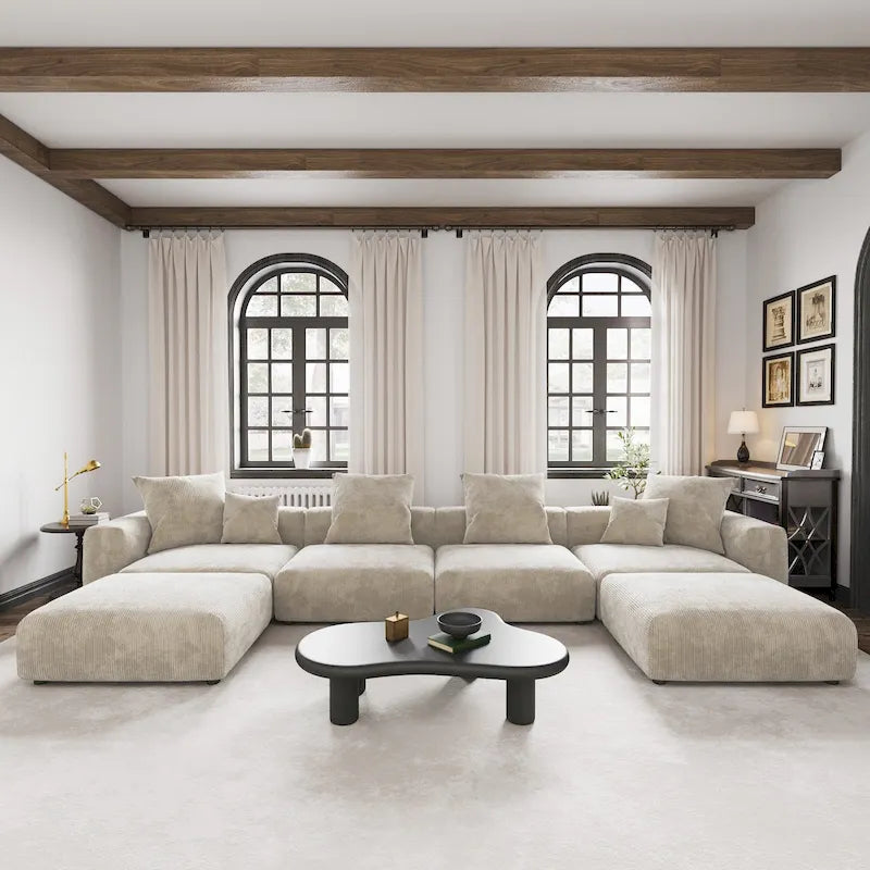 Large Modular Sectional Sofa Corduroy Upholstery U-Shaped 4 Seater with 2 Ottoman and 5 Pillows