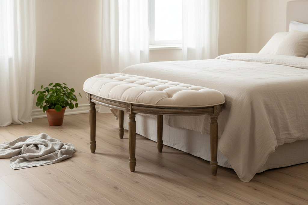 Rustic Semi-Circle Bench – Bedroom Scene