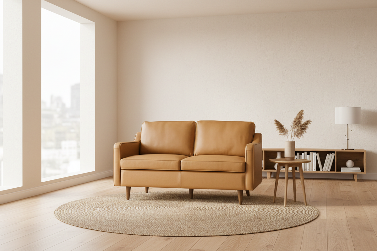 Tan Leather Loveseat in Minimalist Interior